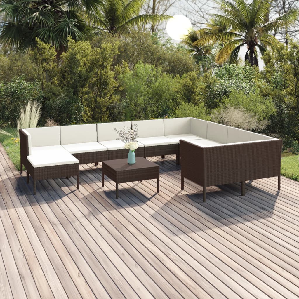 Vetonek Set muebles de jardín 11 pzas y cojines ratán sintético marrón