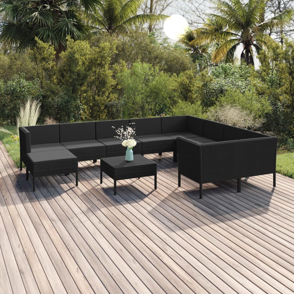 Vetonek Set muebles de jardín 11 pzas y cojines ratán sintético negro