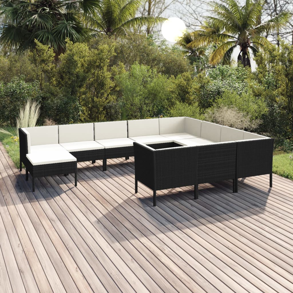 Vetonek Set de muebles de jardín 11 pzas cojines ratán sintético negro