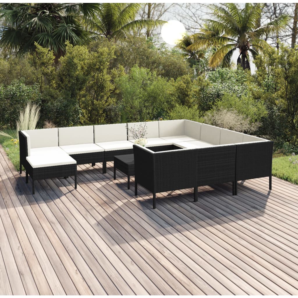 Vetonek Set muebles de jardín 12 pzas y cojines ratán sintético negro