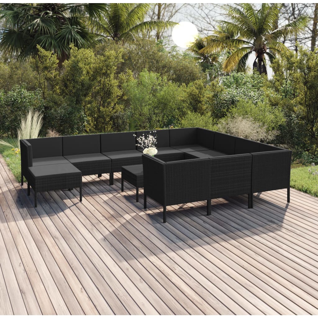 Vetonek Set muebles de jardín 12 pzas y cojines ratán sintético negro