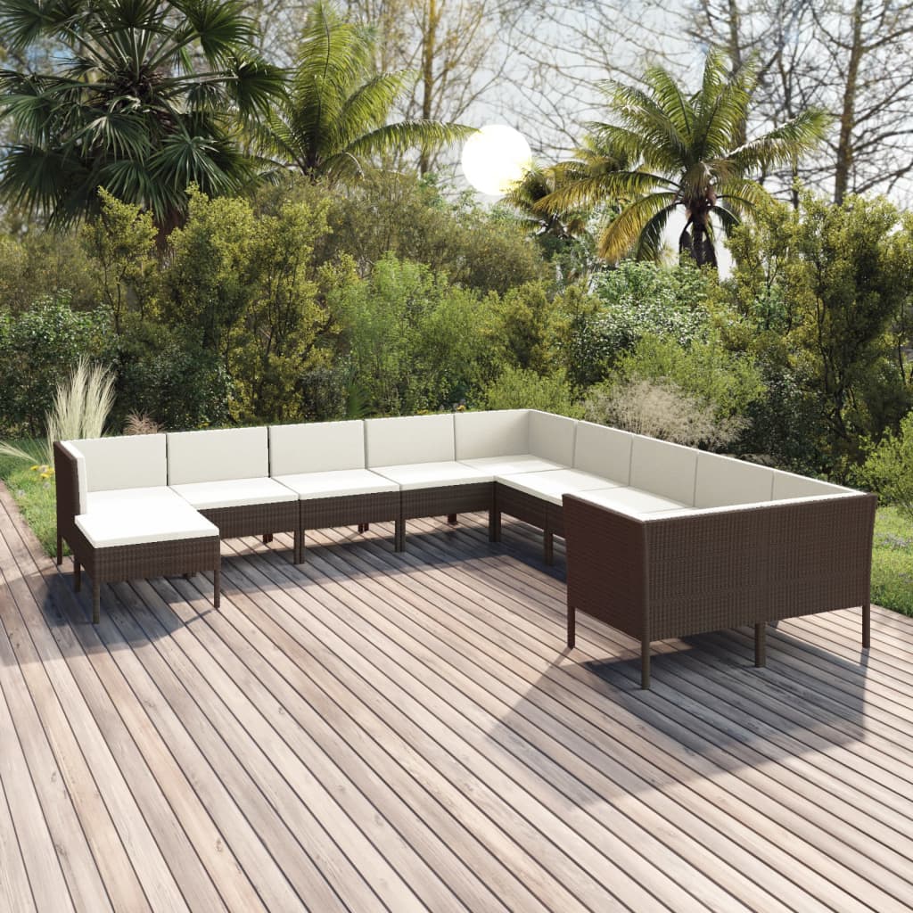 Vetonek Set muebles de jardín 11 pzas y cojines ratán sintético marrón