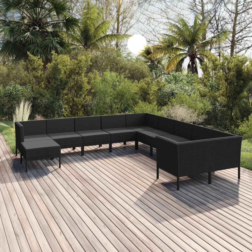 Vetonek Set de muebles de jardín 11 pzas cojines ratán sintético negro