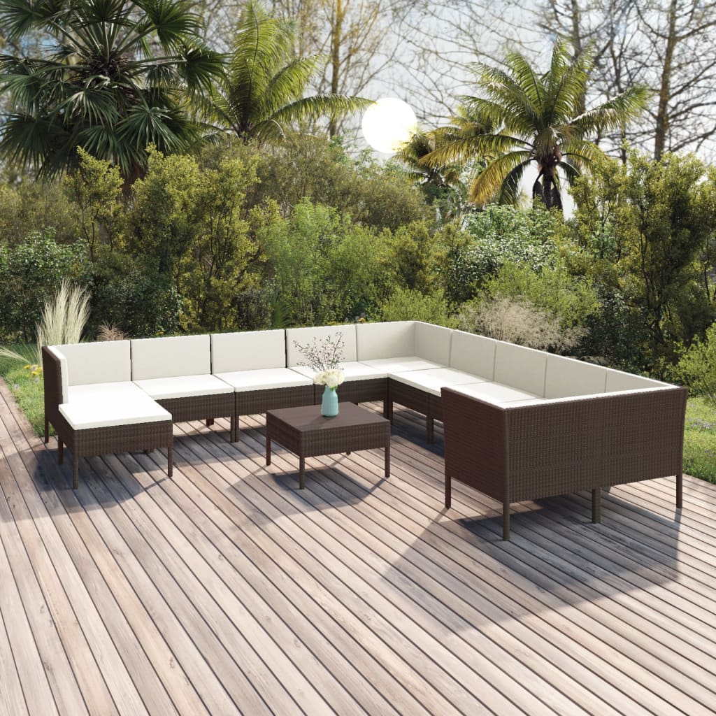 Set muebles de jardín 12 pzas y cojines ratán sintético marrón