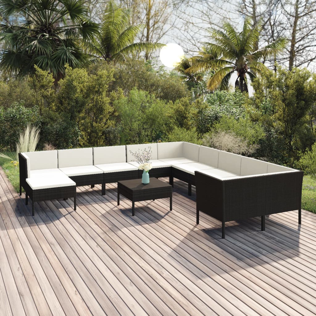 Vetonek Set muebles de jardín 12 pzas y cojines ratán sintético negro