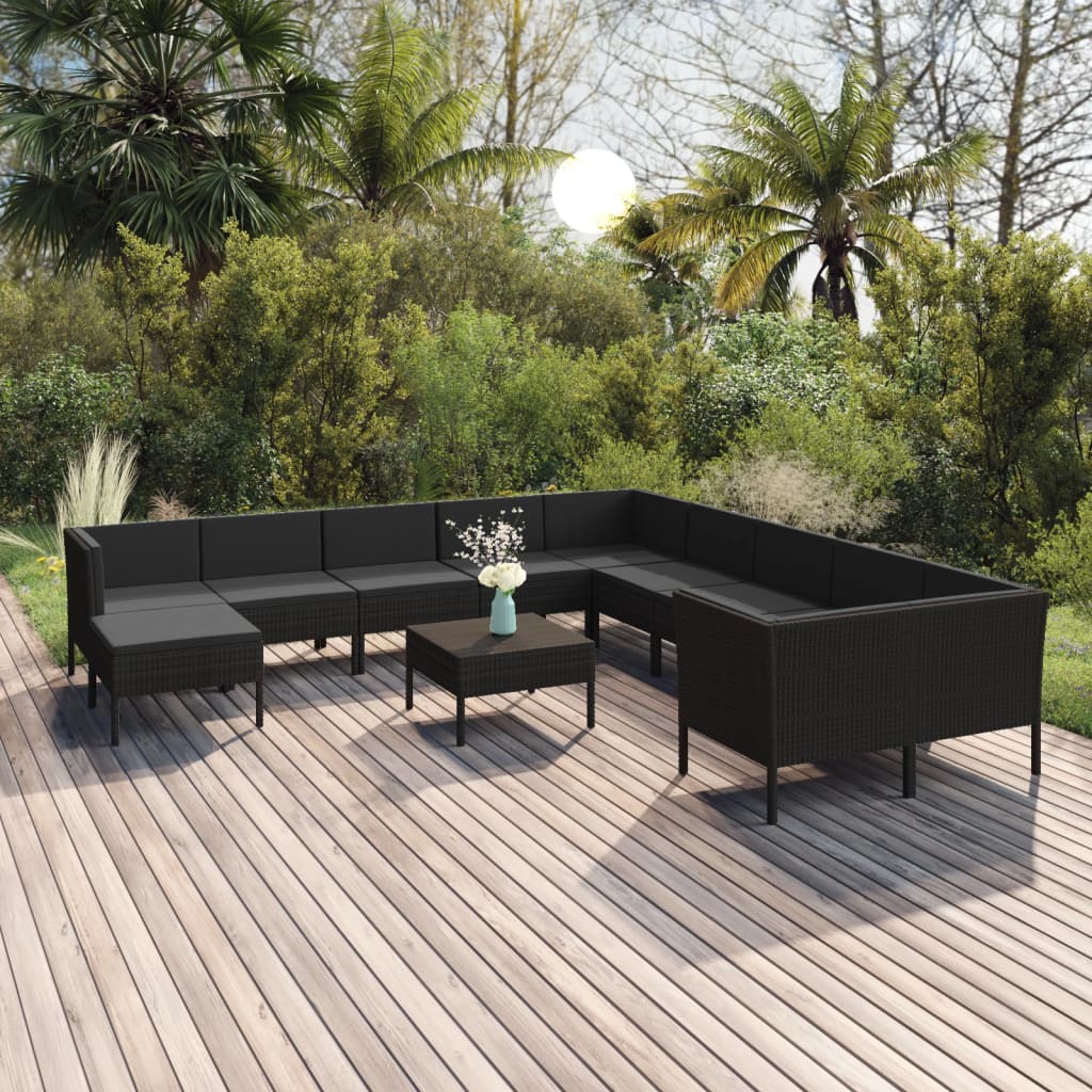 Vetonek Set muebles de jardín 12 pzas y cojines ratán sintético negro