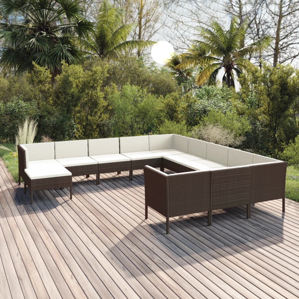 Vetonek Set muebles de jardín 12 pzas y cojines ratán sintético marrón