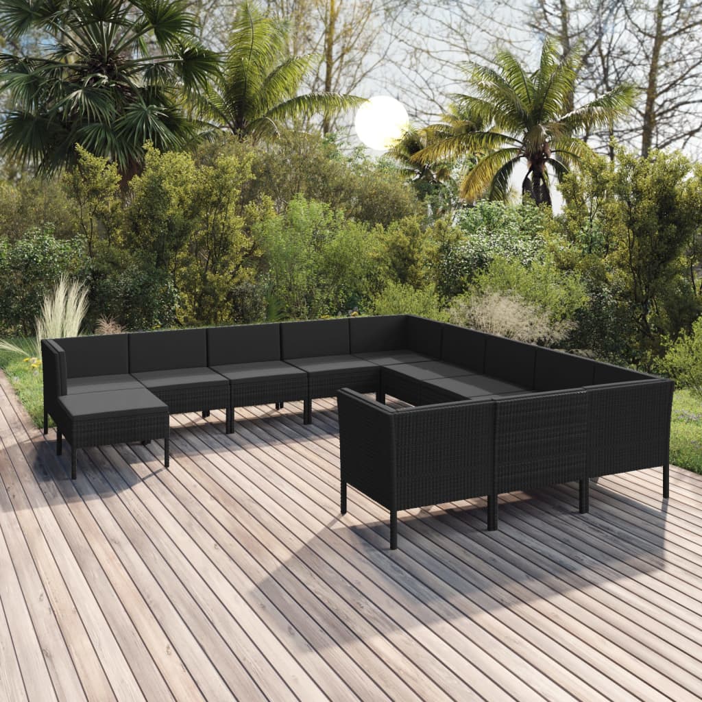 Vetonek Set muebles de jardín 12 pzas y cojines ratán sintético negro