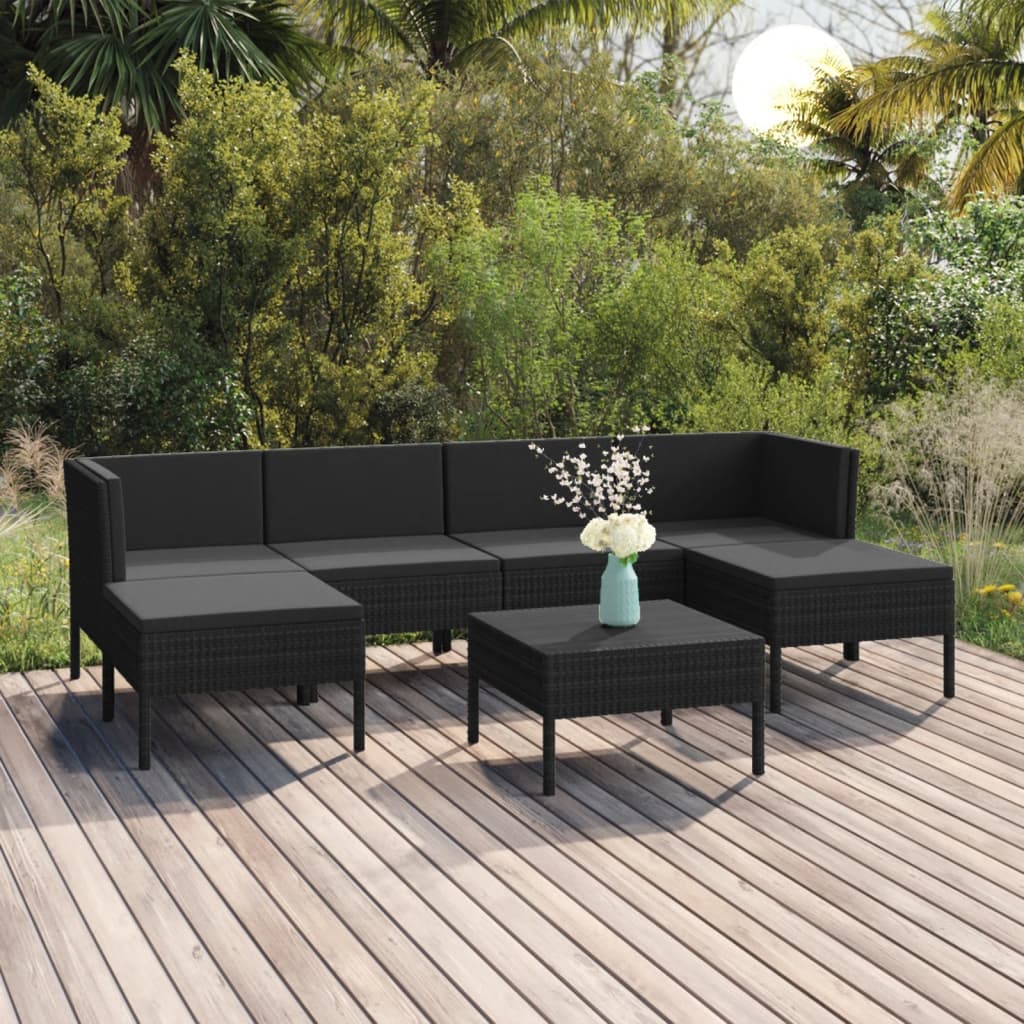 Vetonek Set de muebles de jardín 7 pzas cojines ratán sintético negro