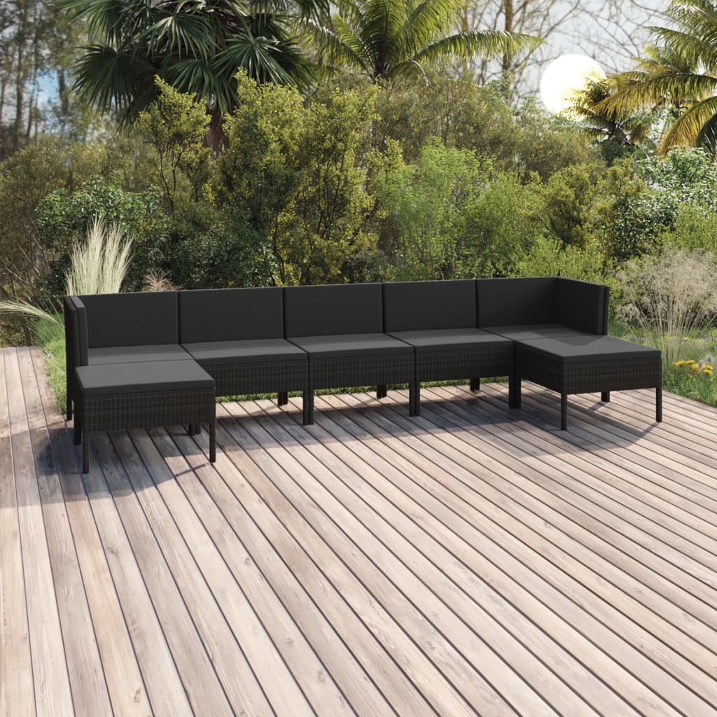 Vetonek Set de muebles de jardín 7 pzas cojines ratán sintético negro