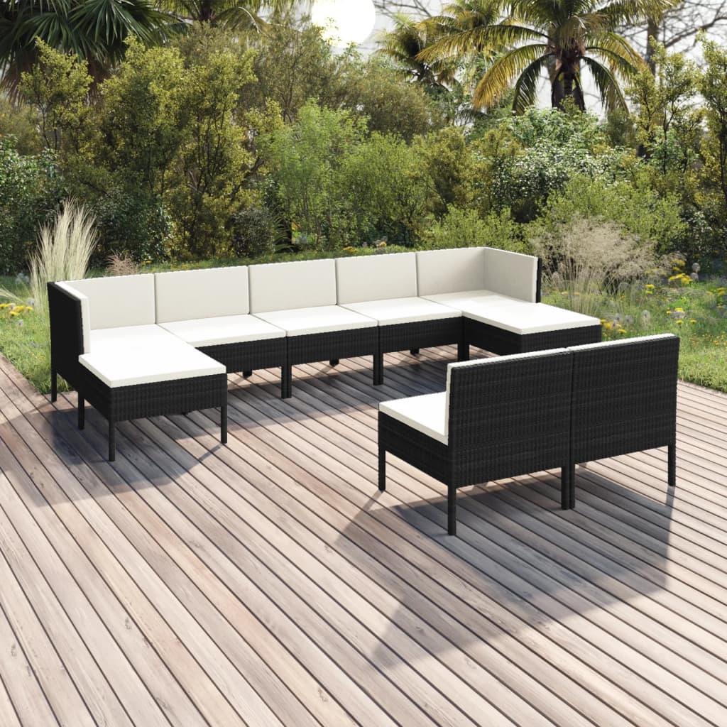 Vetonek Set muebles de jardín 9 pzas y cojines ratán sintético negro