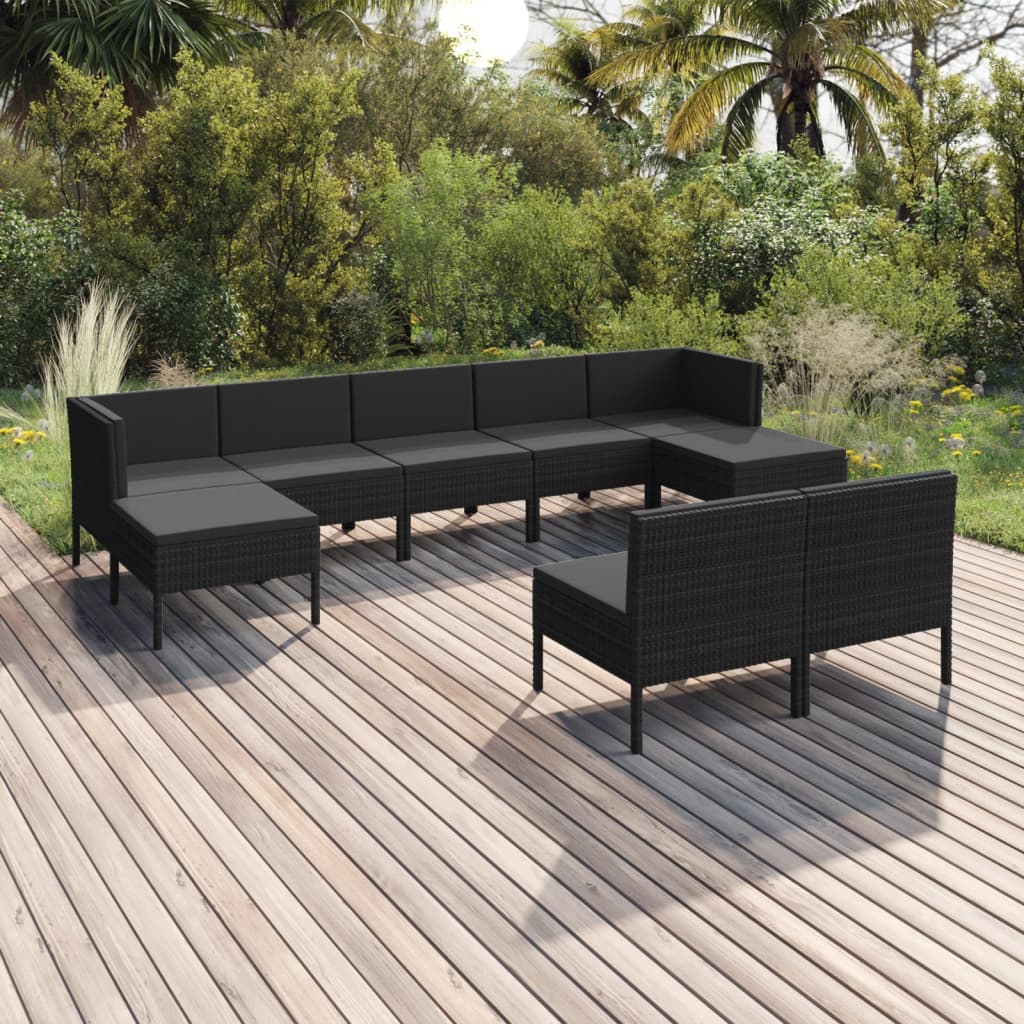 Vetonek Set de muebles de jardín 9 pzas y cojines ratán sintético negro