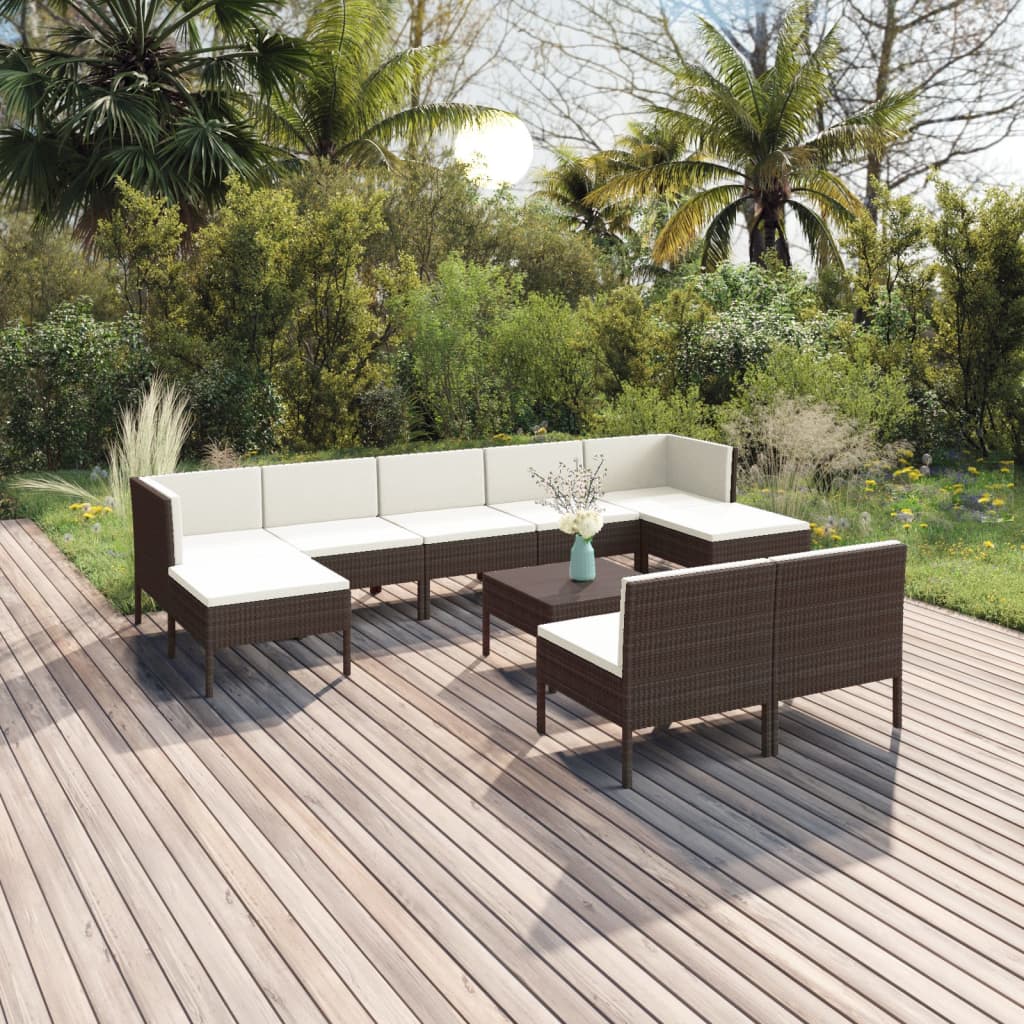 Vetonek Set muebles de jardín 10 pzas y cojines ratán sintético marrón