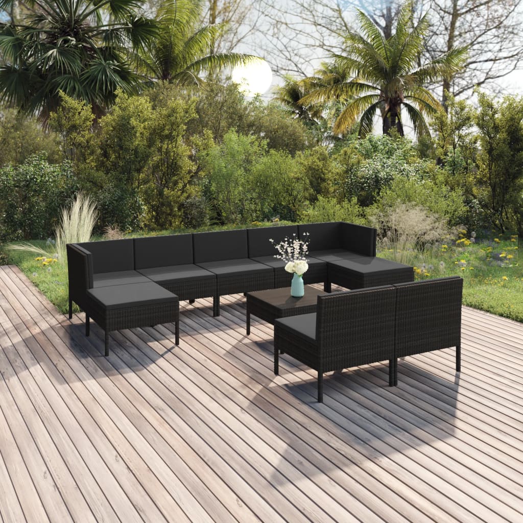 Vetonek Set de muebles de jardín 10 pzas cojines ratán sintético negro