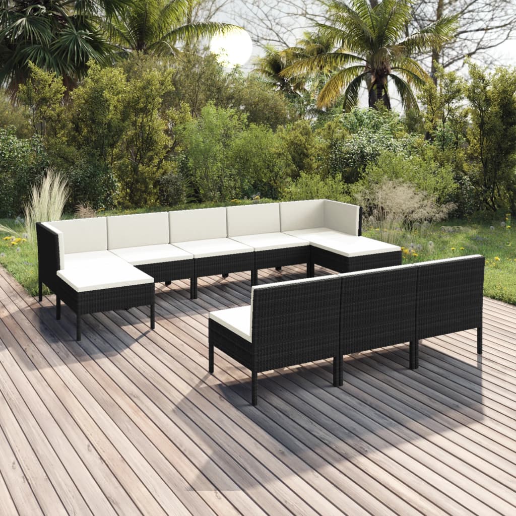 Vetonek Set muebles de jardín 10 piezas y cojines ratán sintético negro