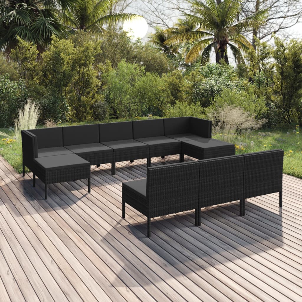 Vetonek Set de muebles de jardín 10 pzas cojines ratán sintético negro