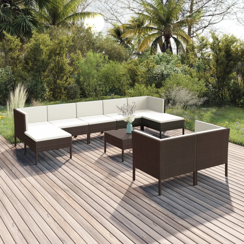 Vetonek Set muebles de jardín 10 pzas y cojines ratán sintético marrón