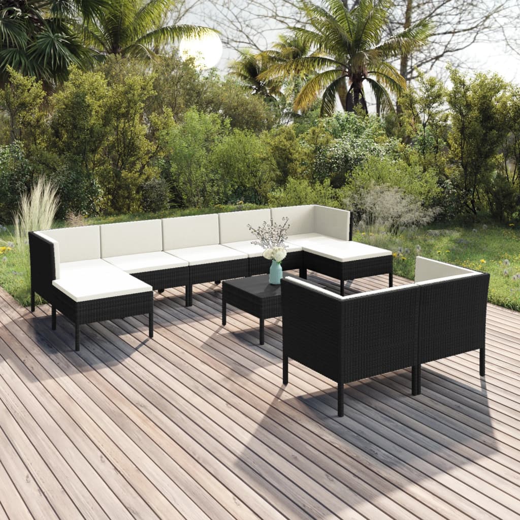 Vetonek Set muebles de jardín 10 pzas y cojines ratán sintético negro