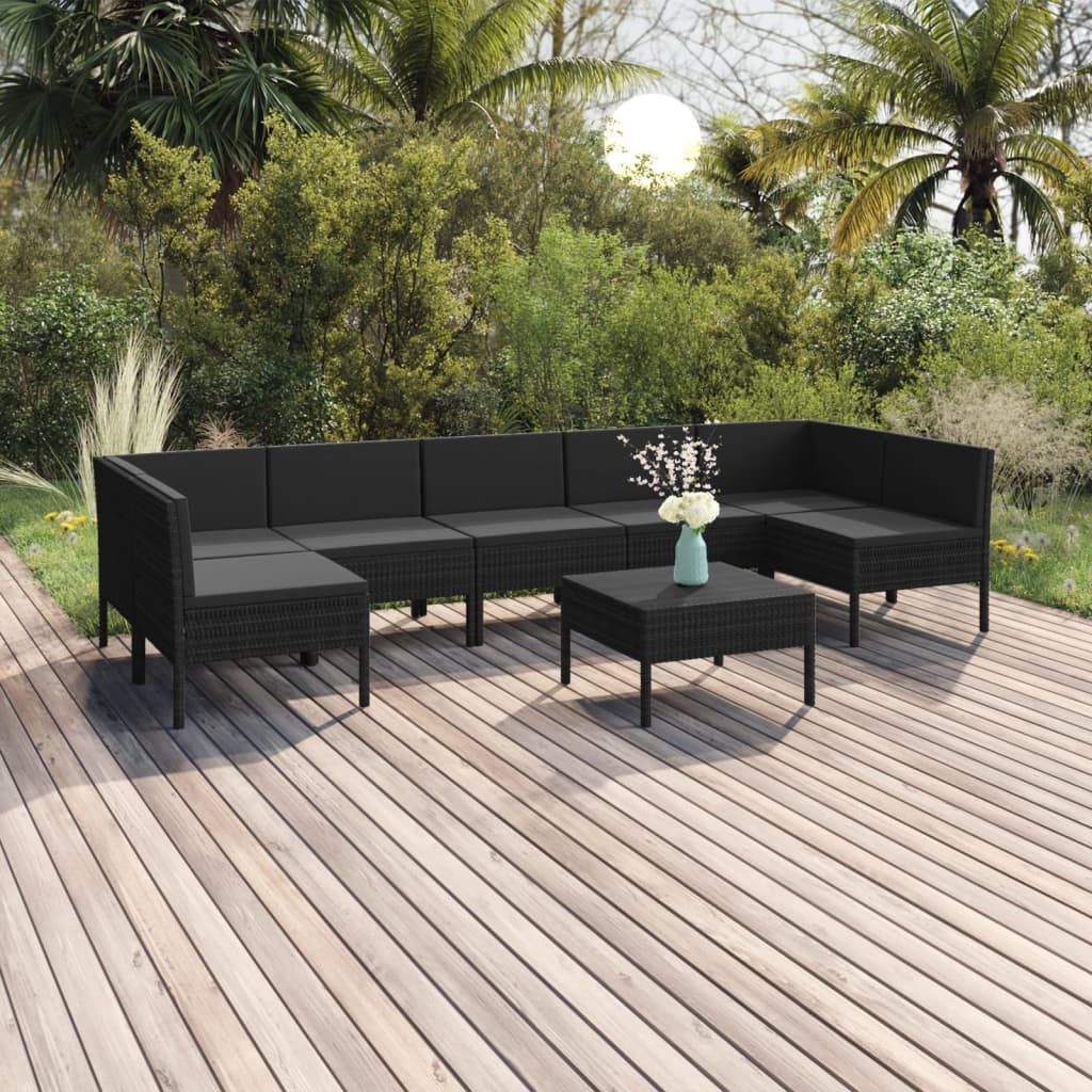 Vetonek Set de muebles de jardín 8 pzas y cojines ratán sintético negro