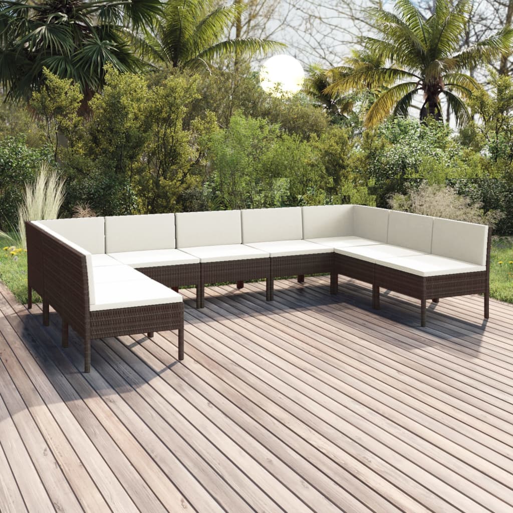 Vetonek Set muebles de jardín 9 pzas y cojines ratán sintético marrón