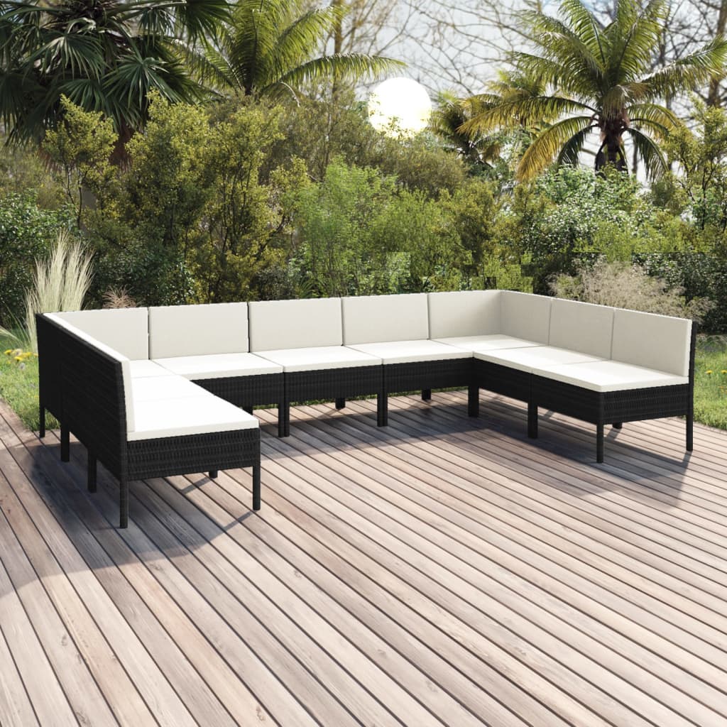 Vetonek Set de muebles de jardín 9 pzas y cojines ratán sintético negro