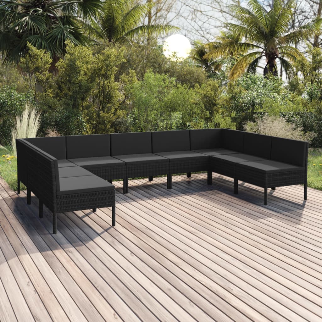 Vetonek Set de muebles de jardín 9 pzas y cojines ratán sintético negro