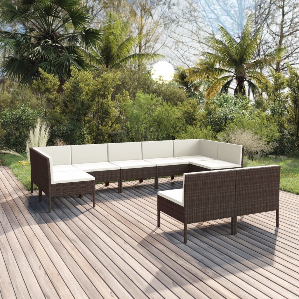 Vetonek Set muebles de jardín 9 pzas y cojines ratán sintético marrón