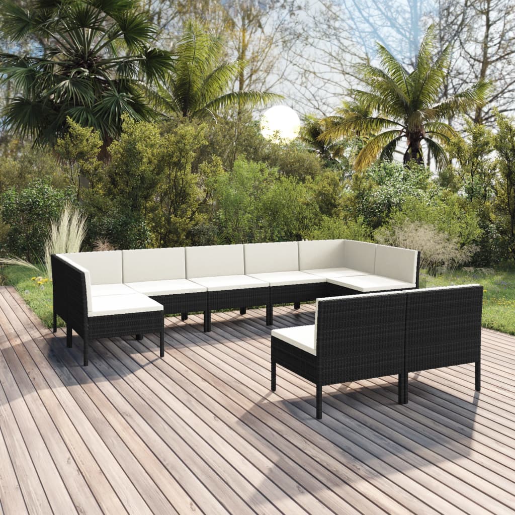 Vetonek Set de muebles de jardín 9 pzas y cojines ratán sintético negro