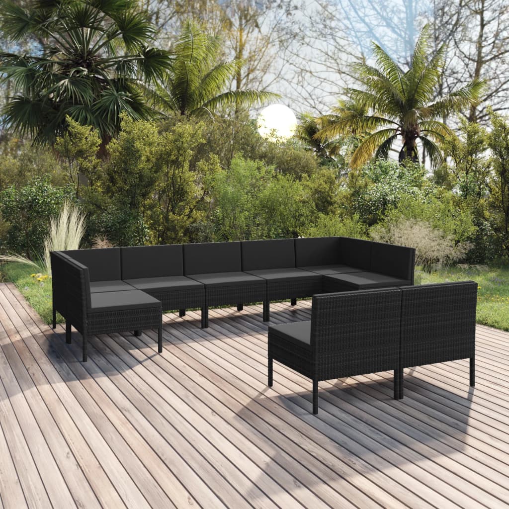 Vetonek Set de muebles de jardín 9 pzas y cojines ratán sintético negro