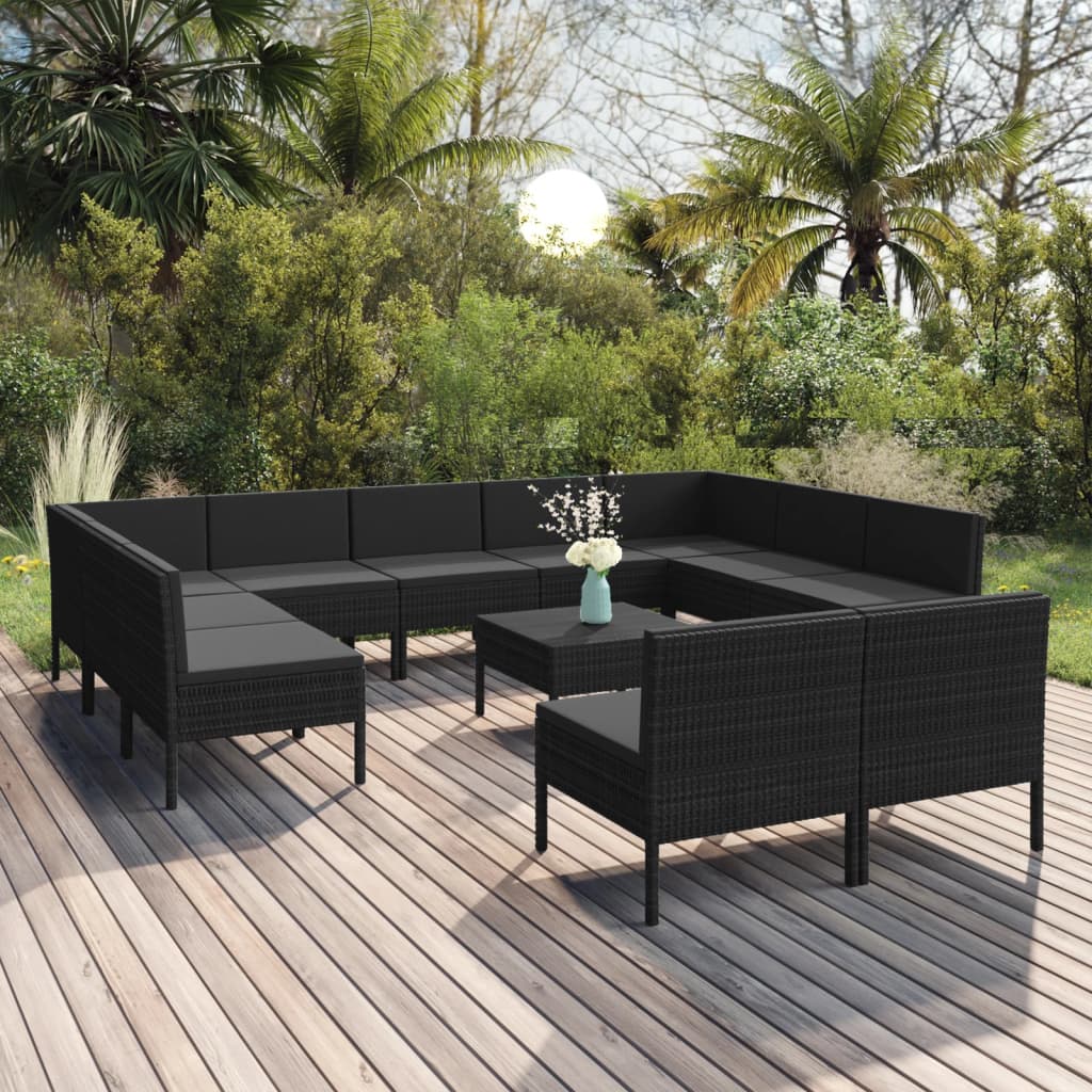 Vetonek Set muebles de jardín 12 pzas y cojines ratán sintético negro