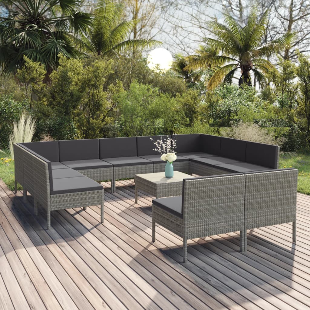 Vetonek Set de muebles de jardín 12 pzas y cojines ratán sintético gris