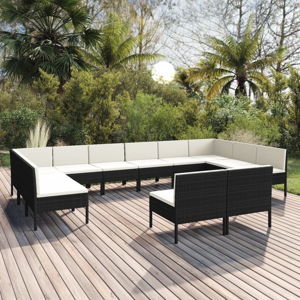 Vetonek Set muebles de jardín 12 pzas y cojines ratán sintético negro