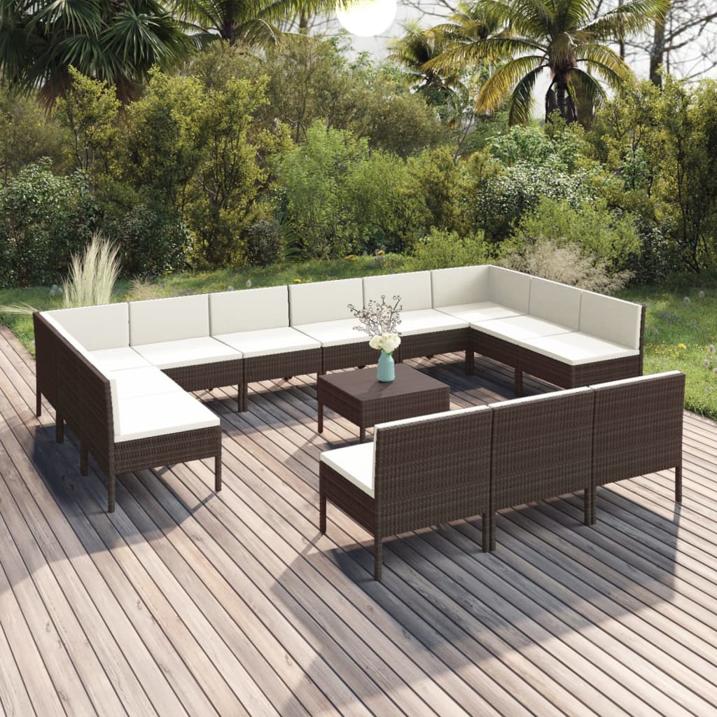 Vetonek Set muebles de jardín 14 pzas y cojines ratán sintético marrón