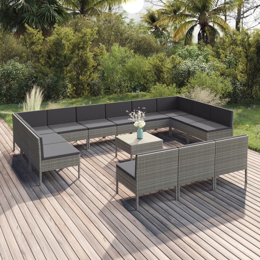 Vetonek Set de muebles de jardín 14 pzas y cojines ratán sintético gris