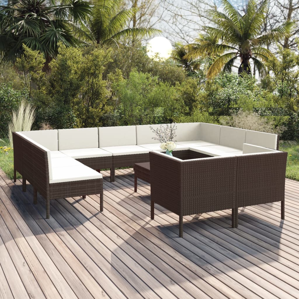 Vetonek Set muebles de jardín 12 pzas y cojines ratán sintético marrón