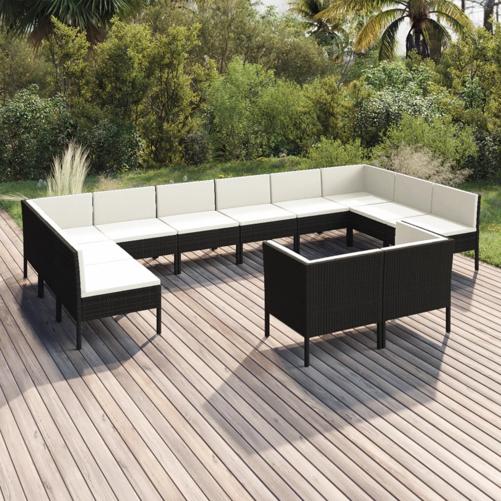 Vetonek Set muebles de jardín 12 pzas y cojines ratán sintético negro