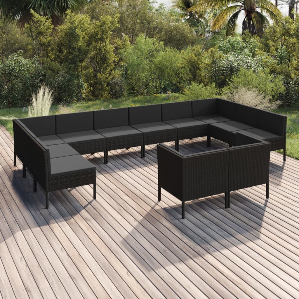 Vetonek Set muebles de jardín 12 pzas y cojines ratán sintético negro