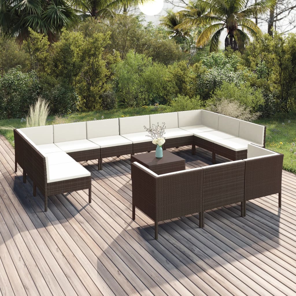 Vetonek Set muebles de jardín 14 pzas y cojines ratán sintético marrón