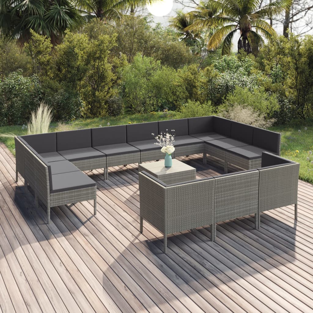 Vetonek Set de muebles de jardín 14 pzas y cojines ratán sintético gris