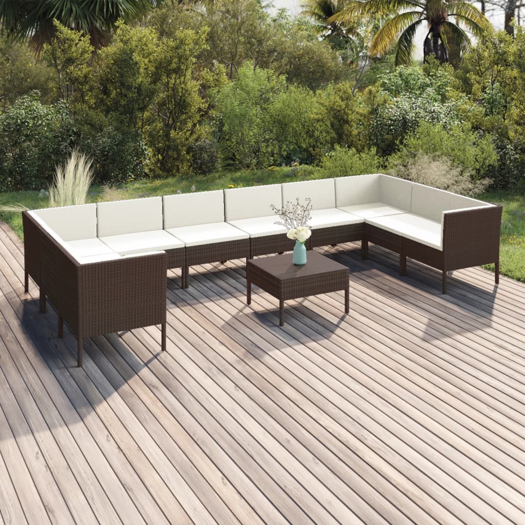 Vetonek Set muebles de jardín 11 pzas y cojines ratán sintético marrón