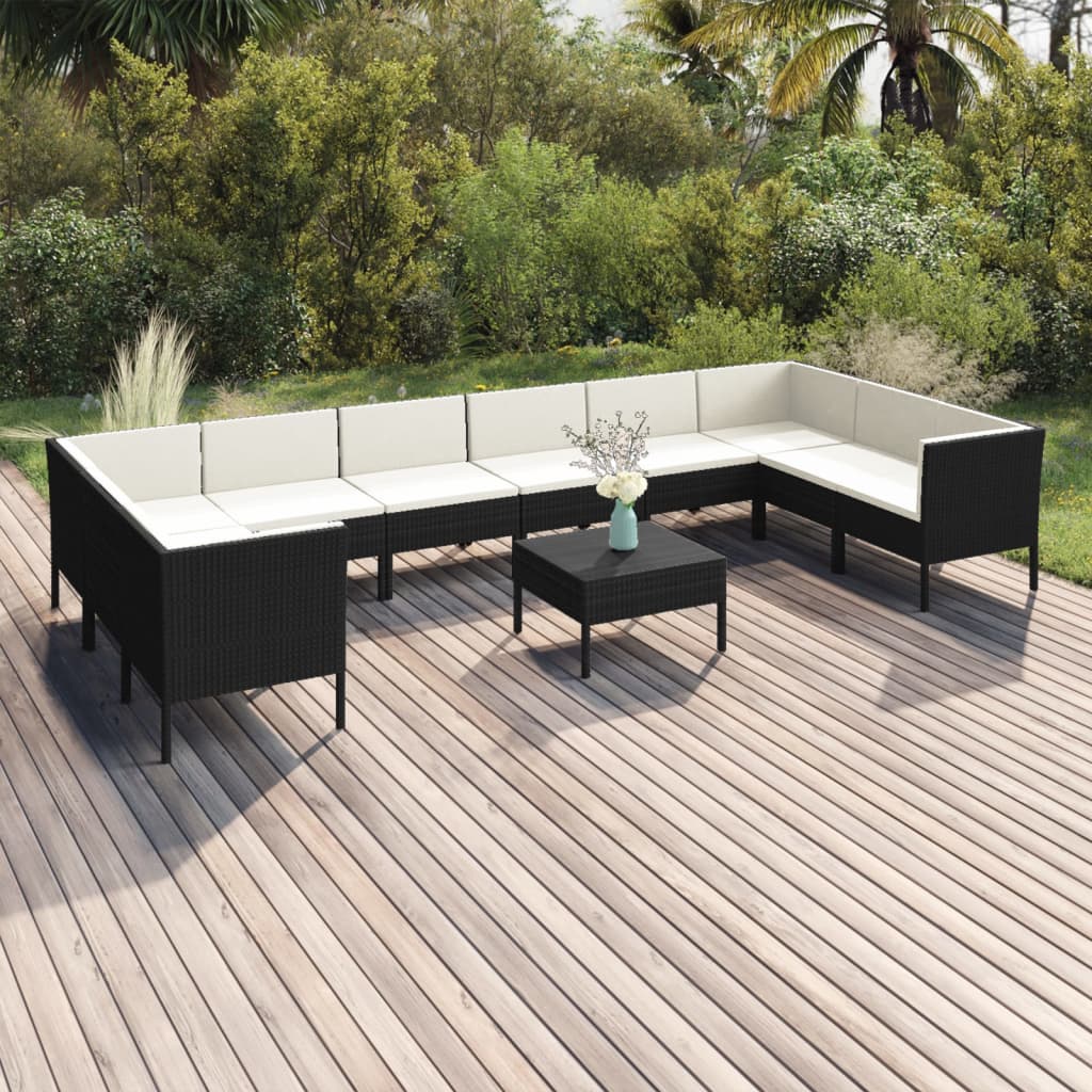 Vetonek Set de muebles de jardín 11 pzas cojines ratán sintético negro