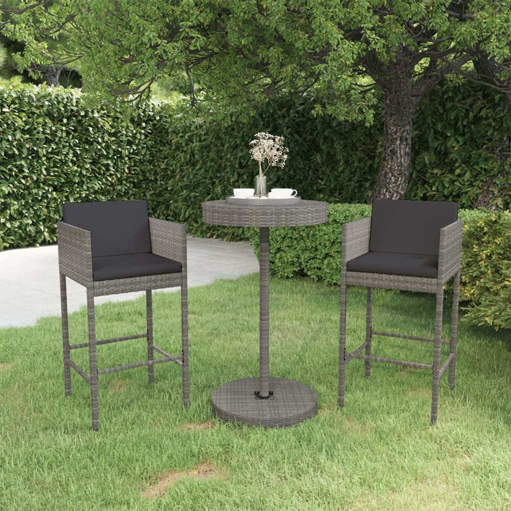 Vetonek Set muebles bar jardín 3 piezas y cojines ratán sintético gris