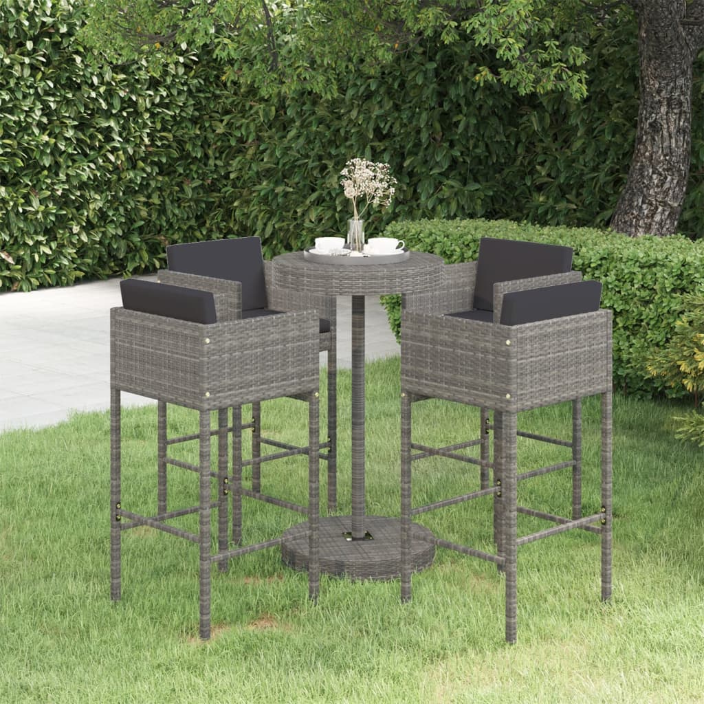 Vetonek Set muebles bar jardín 5 piezas y cojines ratán sintético gris