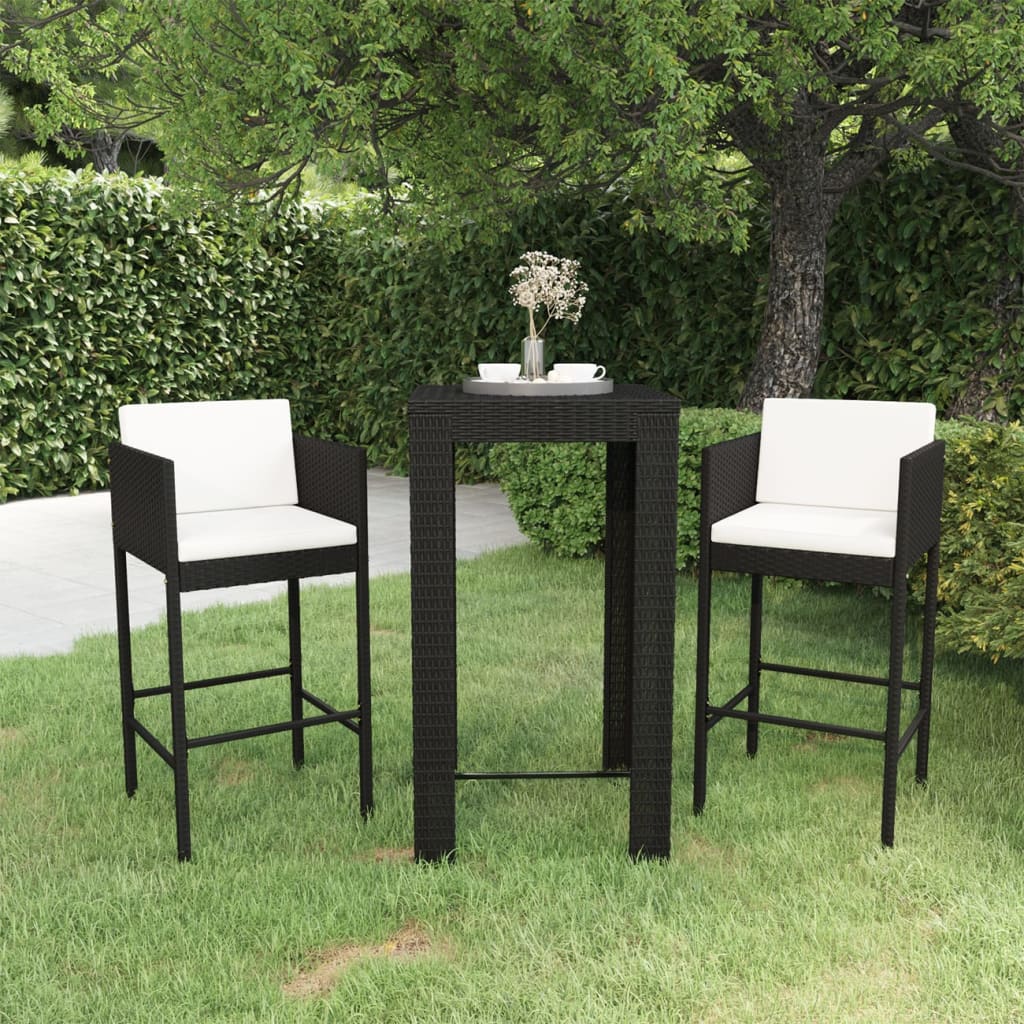 Vetonek Set muebles bar jardín 3 piezas y cojines ratán sintético negro