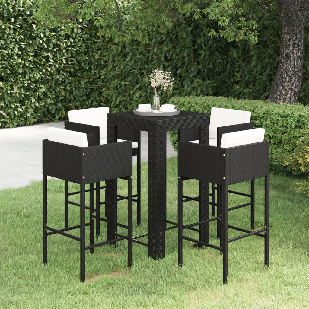 Vetonek Set muebles bar jardín 5 piezas y cojines ratán sintético negro