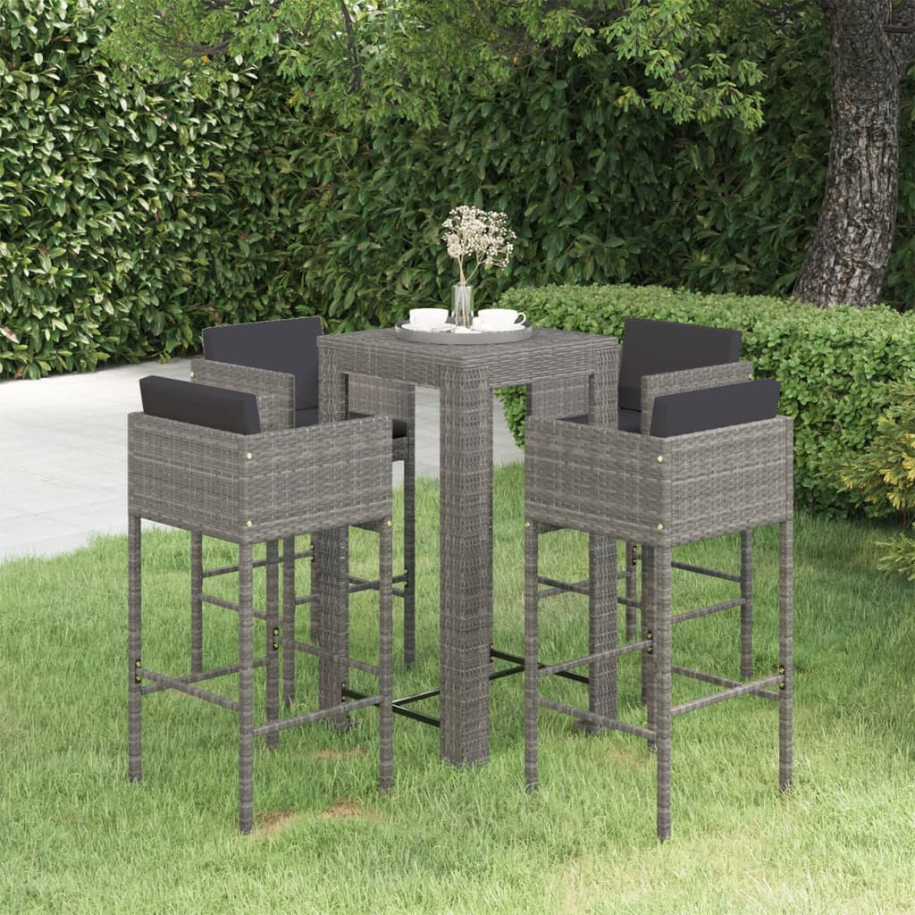 Vetonek Set muebles bar jardín 5 piezas y cojines ratán sintético gris