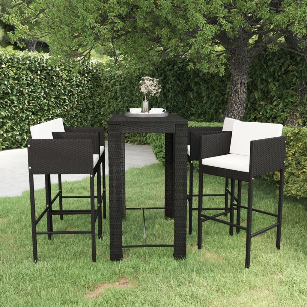 Vetonek Set muebles bar jardín 5 piezas y cojines ratán sintético negro