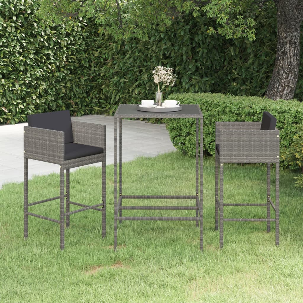 Vetonek Set de muebles bar jardín 3 pzas y cojines ratán sintético gris