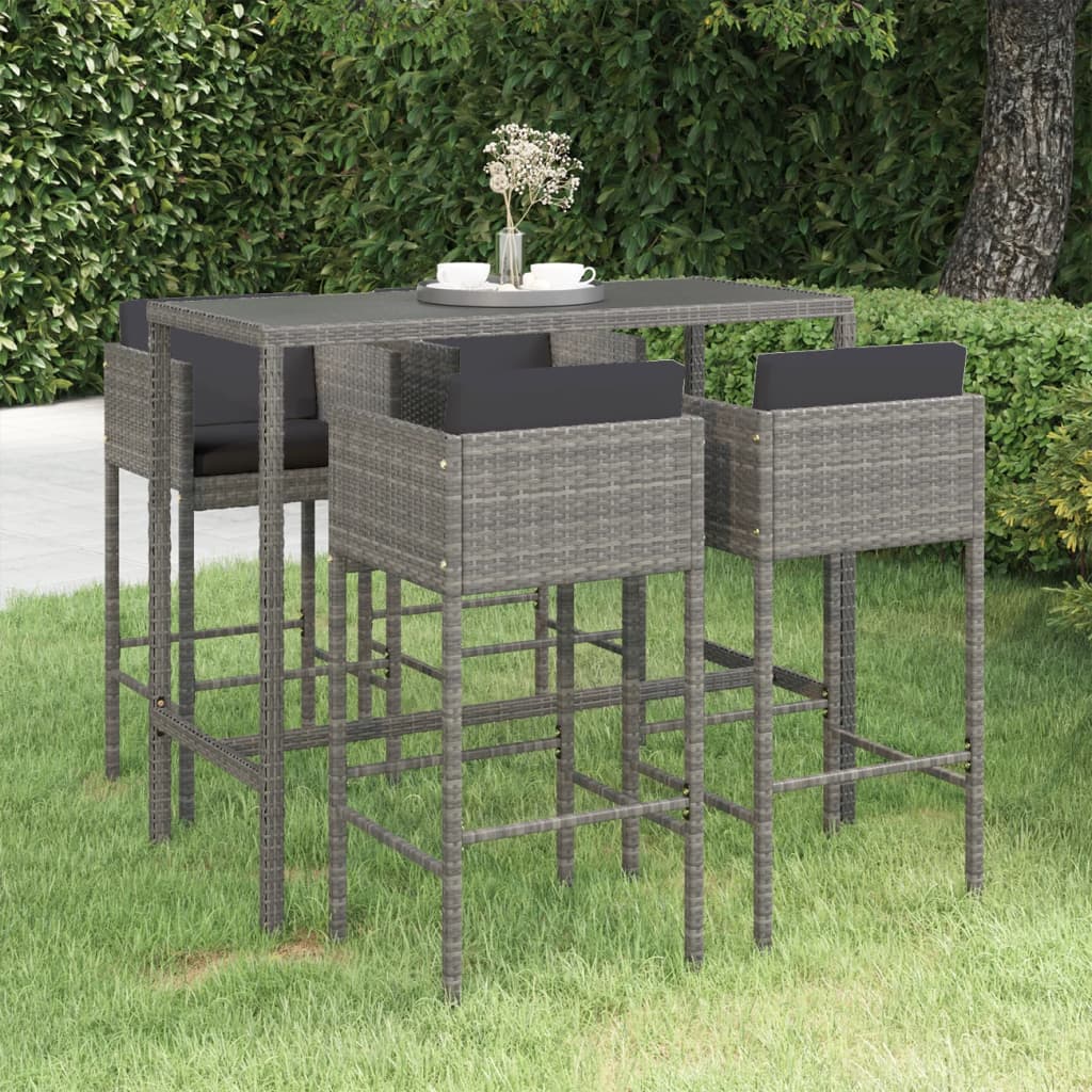 Vetonek Set muebles de bar jardín 5 pzas y cojines ratán sintético gris