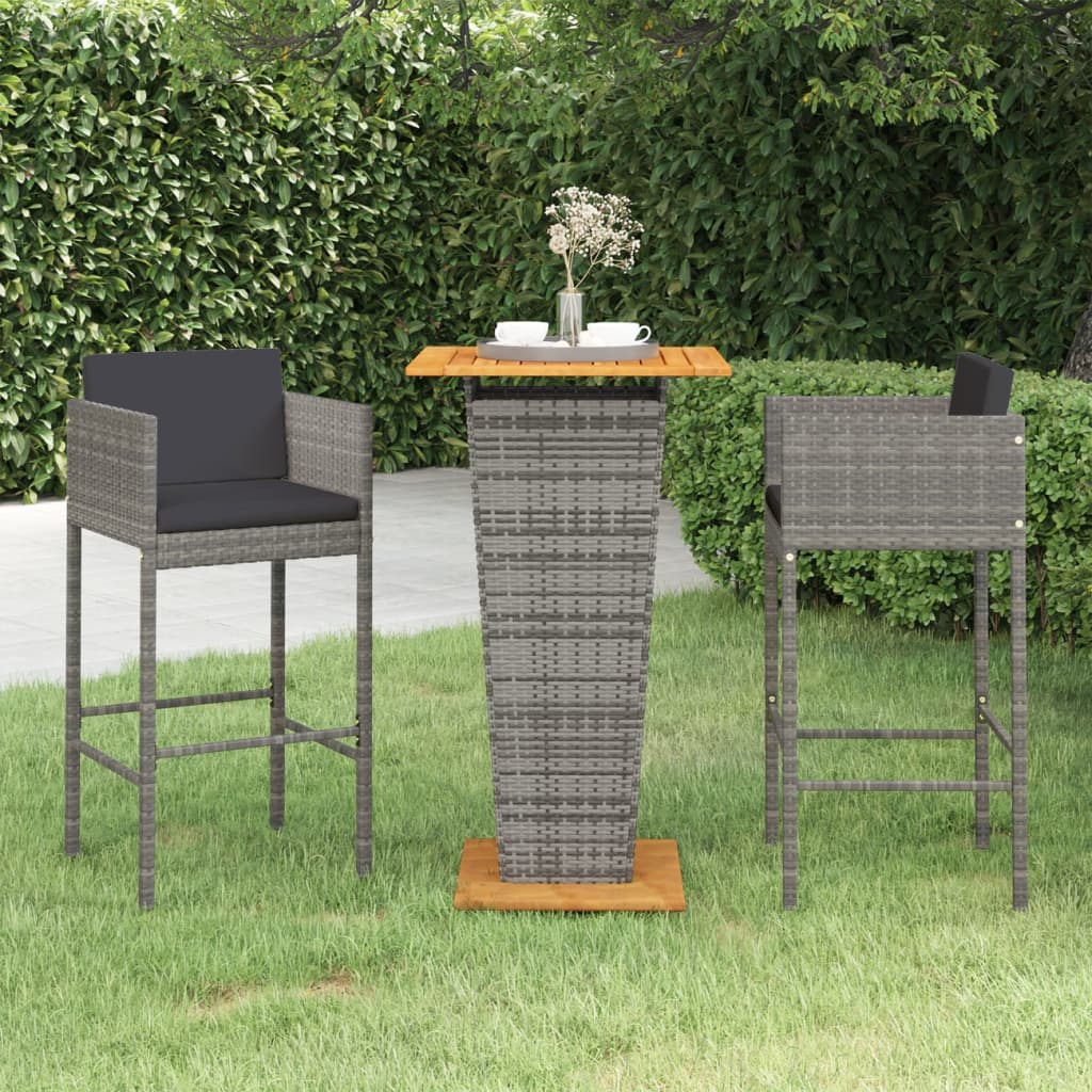 Vetonek Set de muebles bar jardín 3 pzas y cojines ratán sintético gris